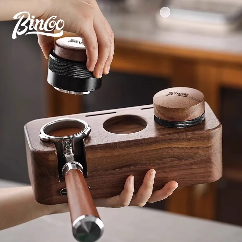 Bincoo Walnut Coffee Grinder Base Set Household 51/58mm Universal Powder Dispenser Grinder Hammer Three-piece Coffee Utensil Set