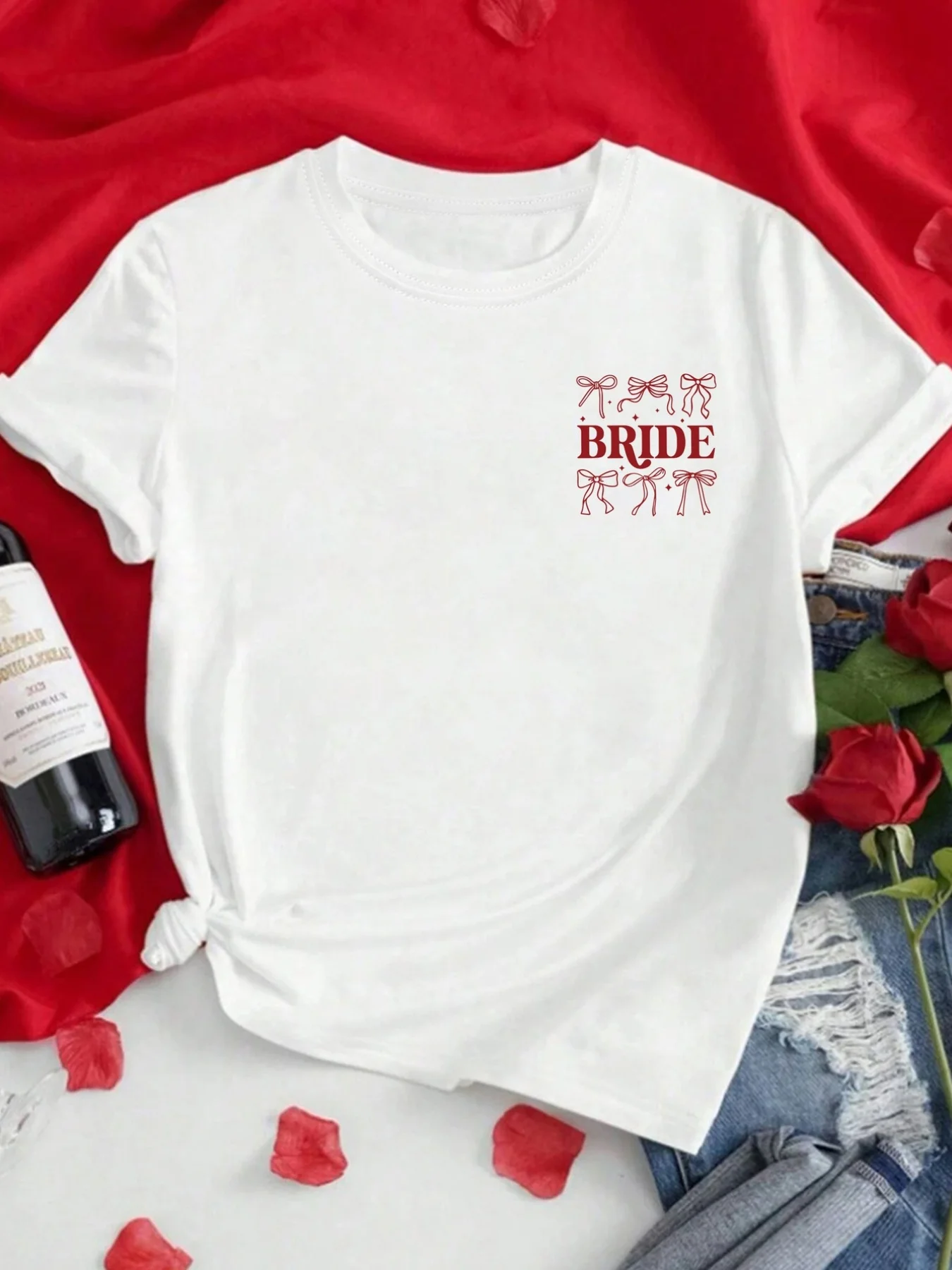Bride Bow Tie Print Tshirt Short Sleeve Crew Neck Casual Top Summer Spring Women's Clothing Harajuku Sleeve Aesthetic Clothes