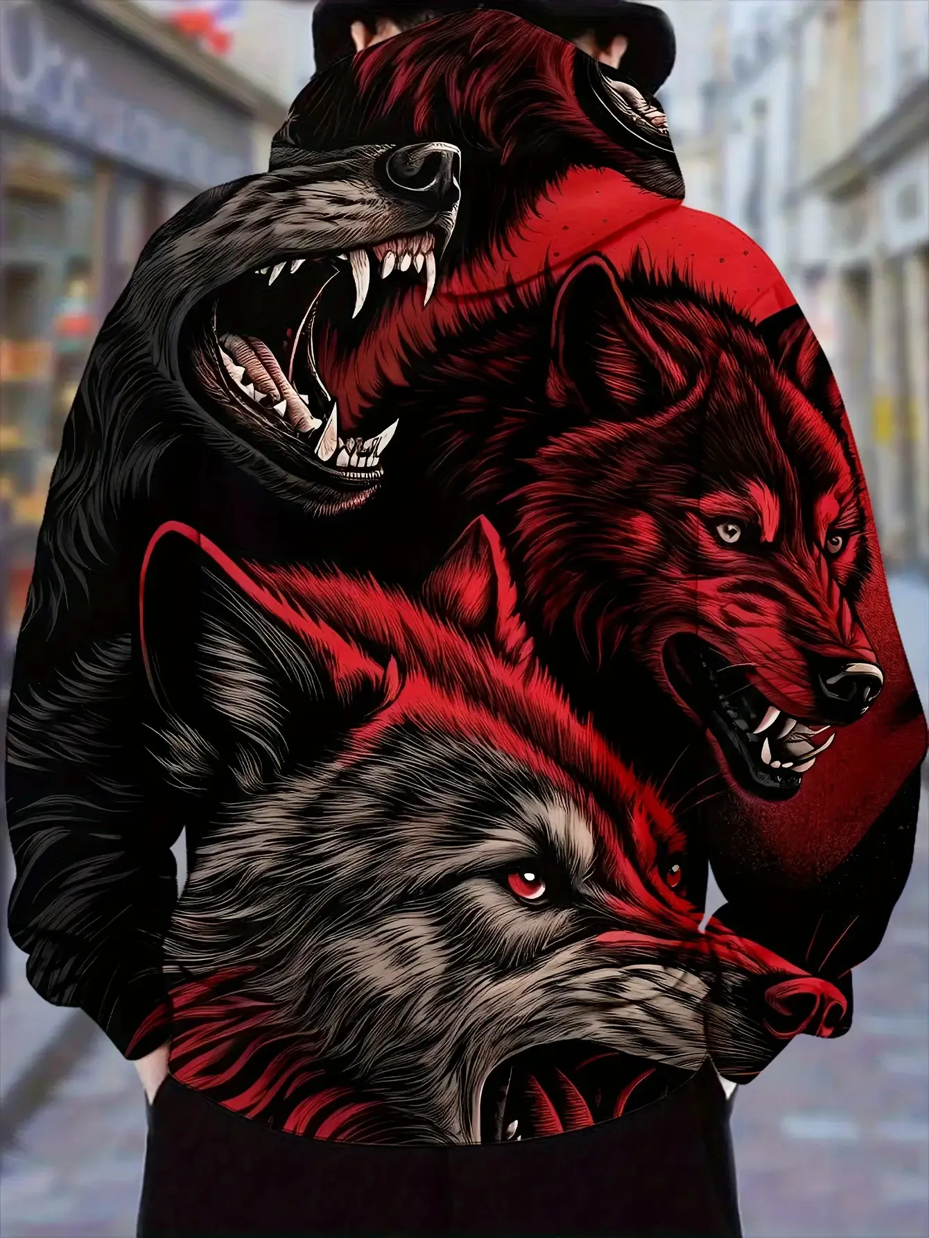 Customization Men's Wolf Pc All-Over Print Hoodie With Pockets - Black And Red Wolf Jacket, Tall Winter Apparel, Suitable For Ha