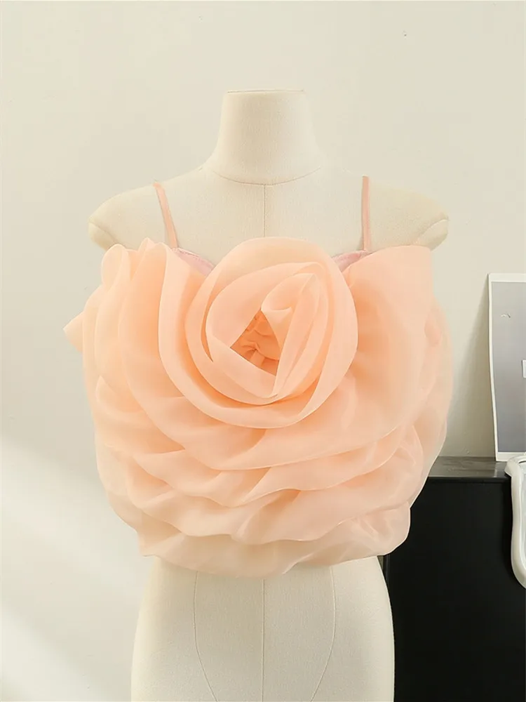 Sweet Big Organza Flower Camisole Girls Stretchy Back Slim Above Navel Camis Crop Top Fashion Summer Clothing