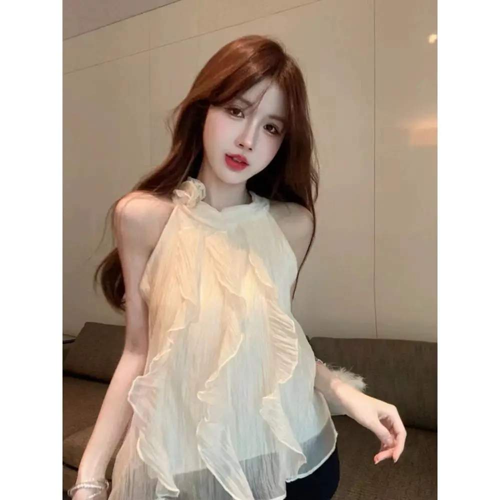 อินเทรนด์ Ruffled เสื้อแขนกุดสําหรับผู้หญิงหลวมเสื้อหวาน 3D ดอกไม้ Camisole TOP 2025