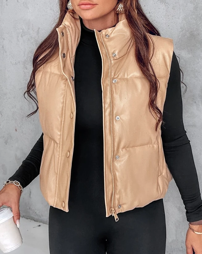 Winter Jacket Woman 2024 Casual Versatile Fashion Short Down Vest Pu Leather Stand Collar Drawstring Hem Zip Up Puffer Vest Coat