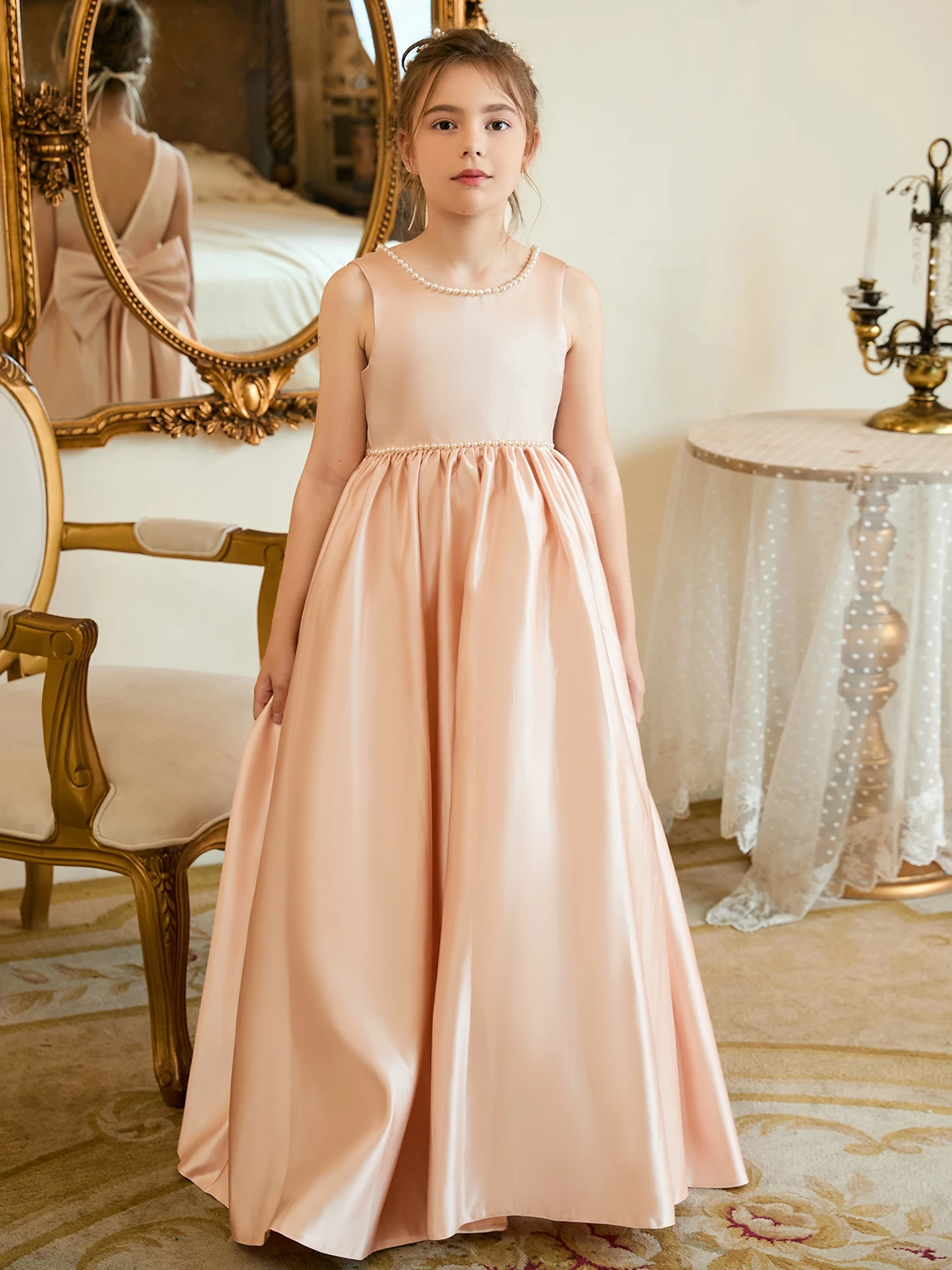 A-line Sleeveless Pink Satin Flower Girl Dresses For Wedding Scoop Neck Back Button Bow Girls Birthday Party Gowns with Beading