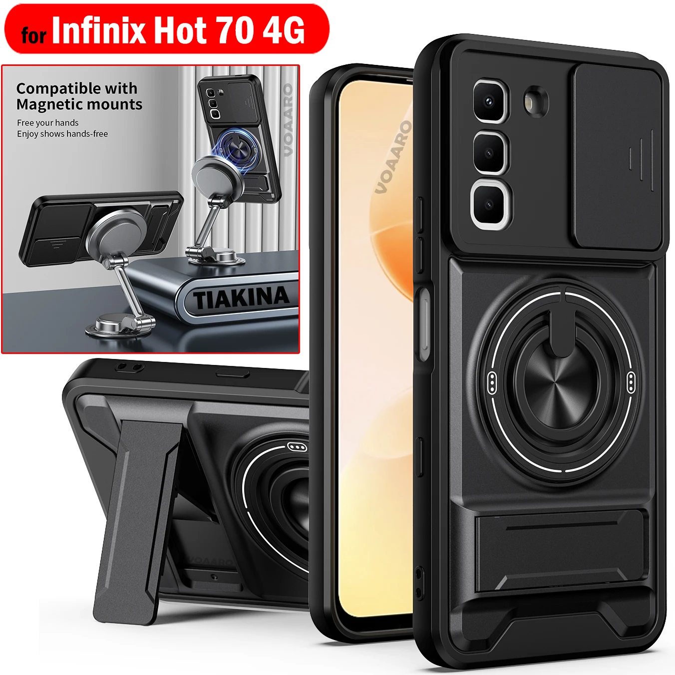 

Чехол-слайдер с защитой камеры для Infinix Hot 70 4G, с магнитным кольцом-держателем, складной подставкой и усиленной защитой