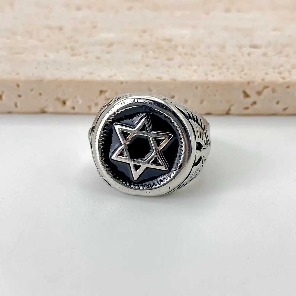 Vintage Star of David Ring for Men Stainless Steel Jewish Eagle Signet Ring Punk Black Enamel Biker Religious Jewelry Gift - view 5