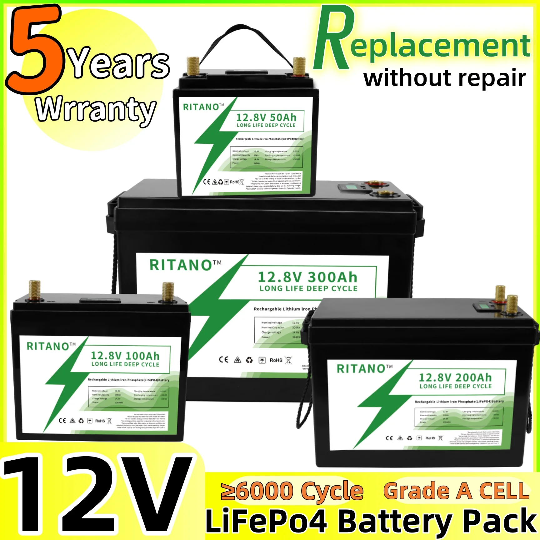 RITANO 12V 50Ah 100AH LiFePo4 Battery 200ah 300Ah Lithium Iron Phosphate Cells Replace ONLY For Backup Power Home Energy Storage