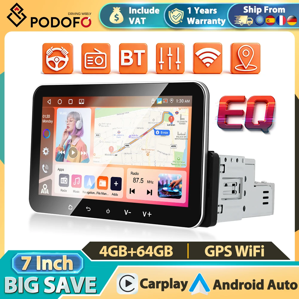 Podofo Bezprzewodowe Radio Samochodowe 1Din Carplay GPS Navi WIFI Uniwersalny Odtwarzacz Multimedialny Android Auto Mirror Link FM/RDS Podwójny USB