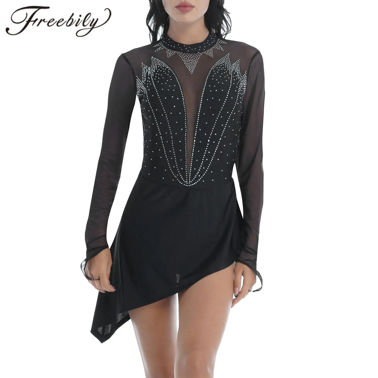 Women's Figure Skating Dress with Diamond Mesh, Long Sleeve, Rhythmic Gymnastics, Ballet Dance Leotards, Competition Clothes