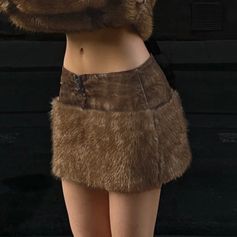 Vintage Patchwork PU Leather Furry Skirt  Fashion Slim Fit Mini Skirts Women Brown Tribal Style Fur Patchwork Skirt Nightclub