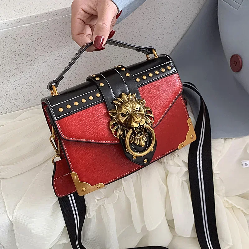 Retro Women\'s Fashion Handbag Messenger Bag Metal Lion Head Brand Shoulder Bag Mini Square Storage Bag