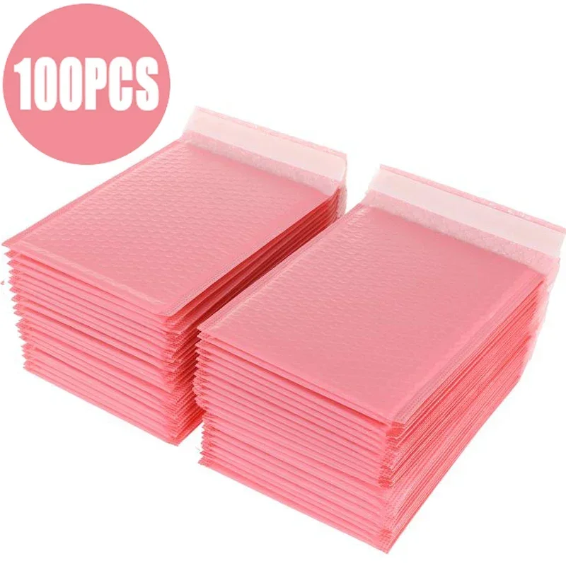 100 Uds. Sobres acolchados autosellados de burbujas de polietileno rosa, bolsas de regalo para libros, revistas, sobres forrados autosellados