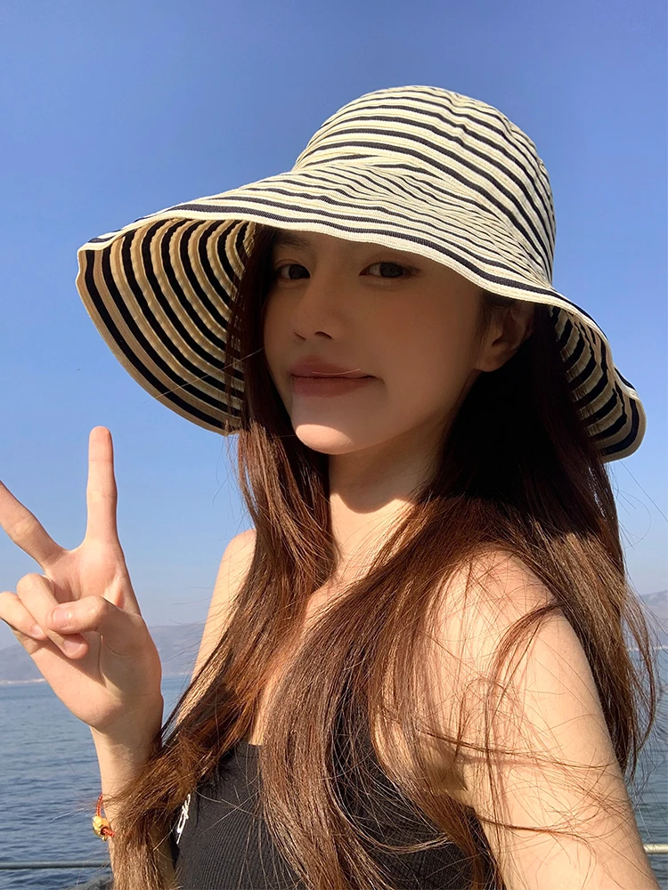 Retro Striped Korean Style Women's Fishing Cap Summer Large Brim Asymmetric Foldable Outdoor Sunshade Hat Sun Protection
