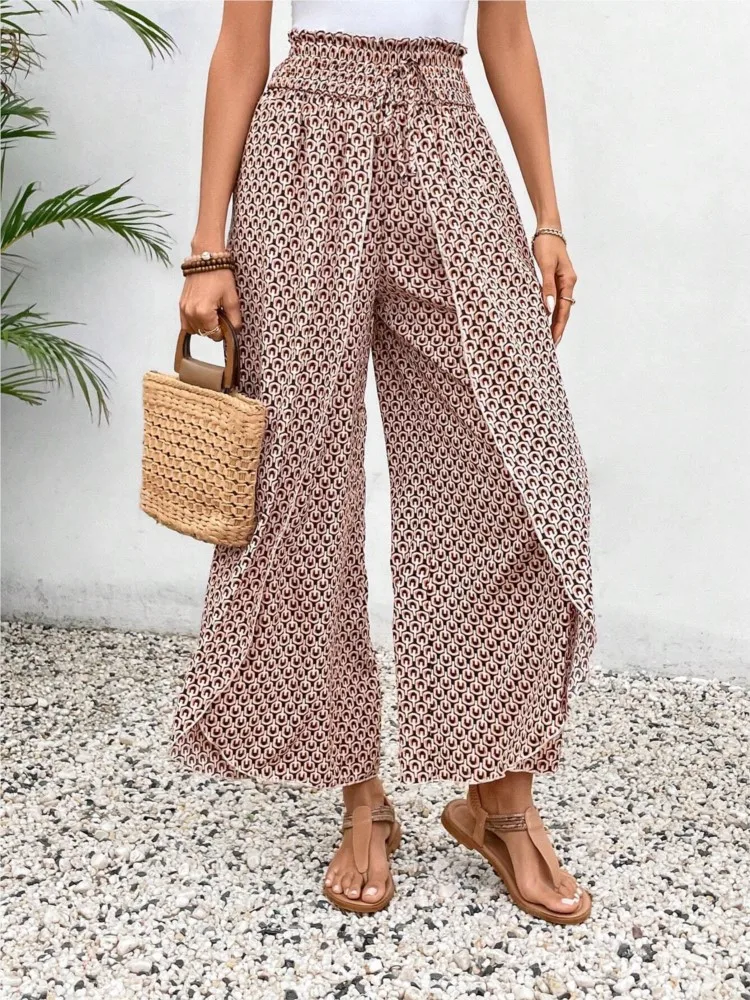 Luźne spodnie damskie Boho Casual Wide Leg Long Pant 2024 Summer New Fashion Floral Side Slit Spódnica z szerokimi nogawkami Kobiety Wakacje na plaży