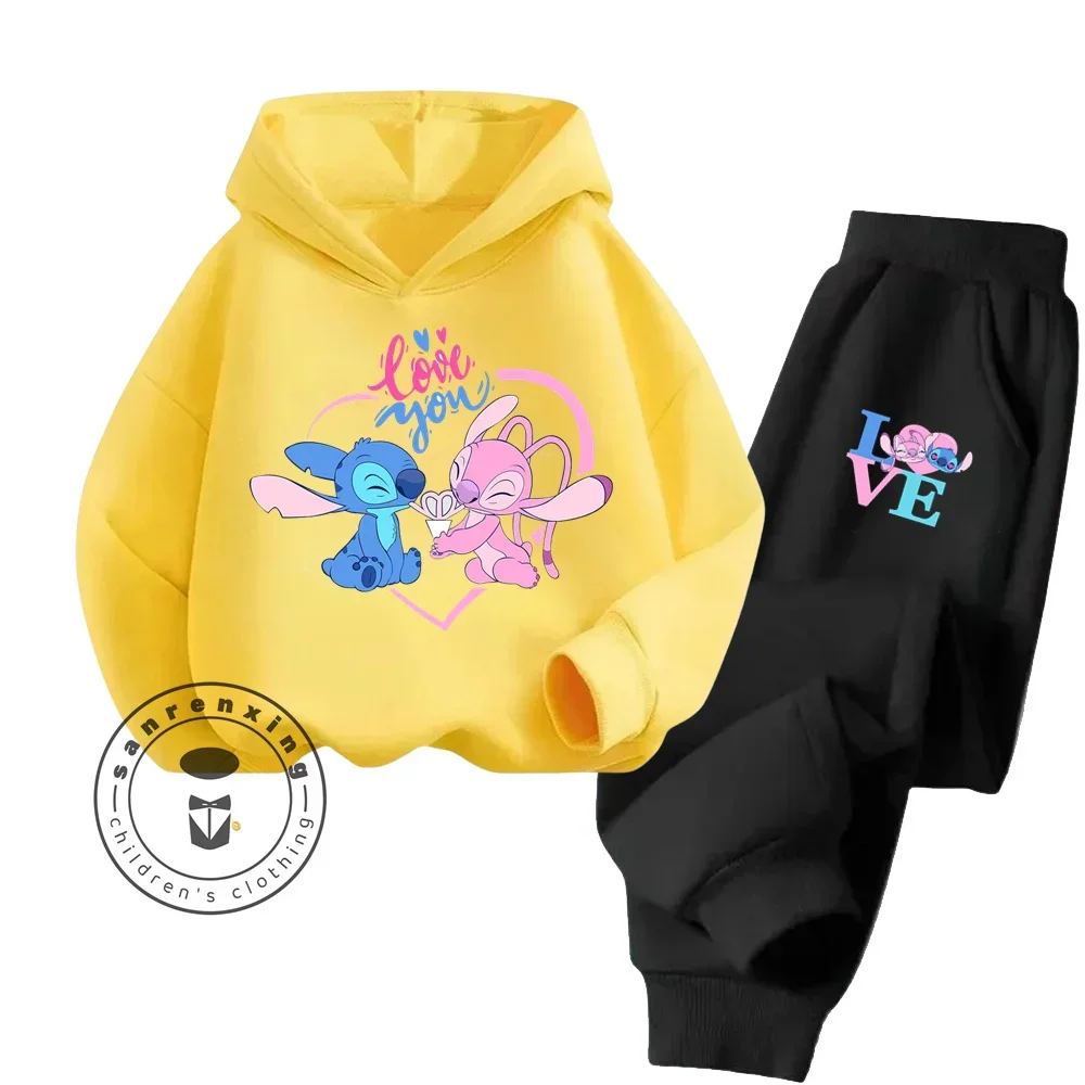 Spring Fall Kids Girls Boys Cartoon Stitch Hoodie Clothing Hooded Sweatshirt Top and Patchwork Pants 2-piece Teen Tracksuit