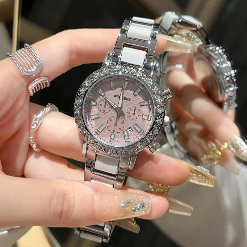 ساعة نسائية دائرية مع عرض التاريخ وحزام من الفولاذ المقاوم للصدأ للبيع بالجملة ساعة كوارتز عصرية، هدية نسائية، إكسسوار نسائي.