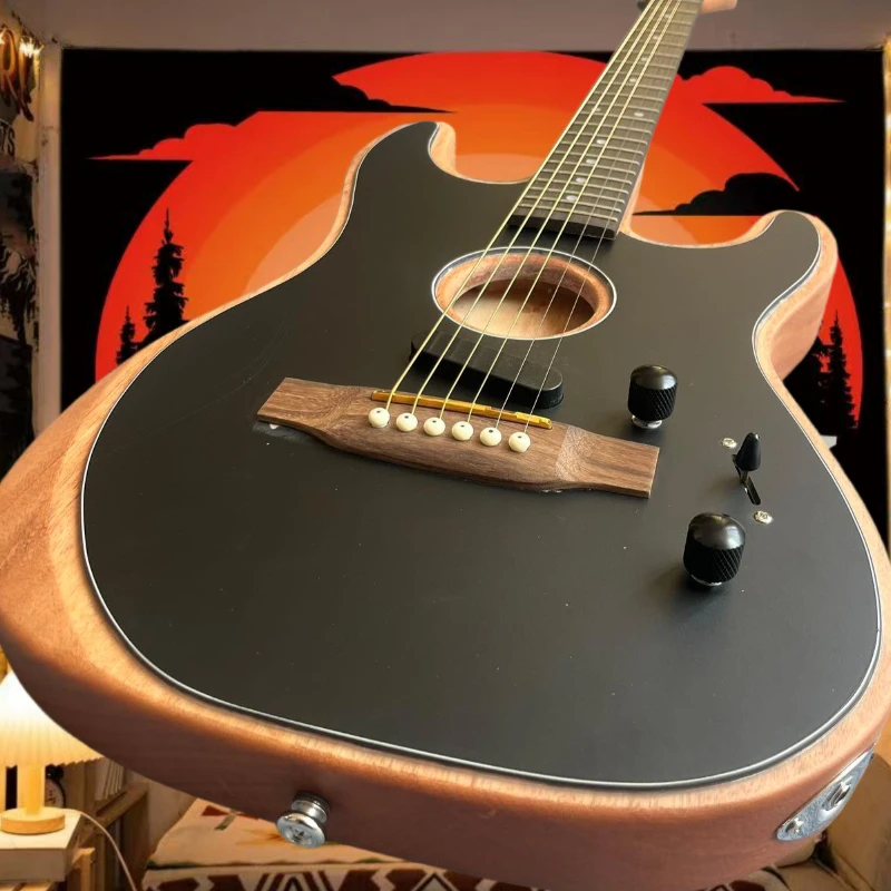 Hot sale Matte Black Hybrid Acoustic  Guitar Sound Hole Design Single Pickup Volume Tone Control Stage Performance Guitar