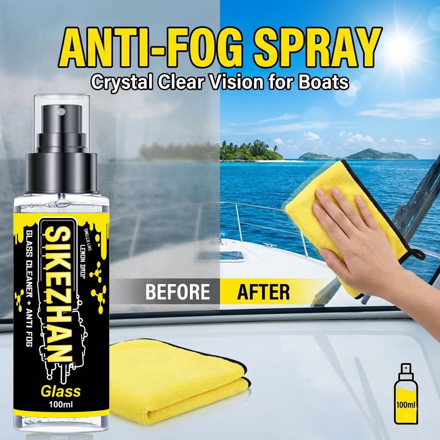 2in1 Anti Fog Spray Car Glass Cleaner w/ Towel Streak Free Auto Windshield RV Boat Window Ammonia Free Lemon Scent Made in USA
