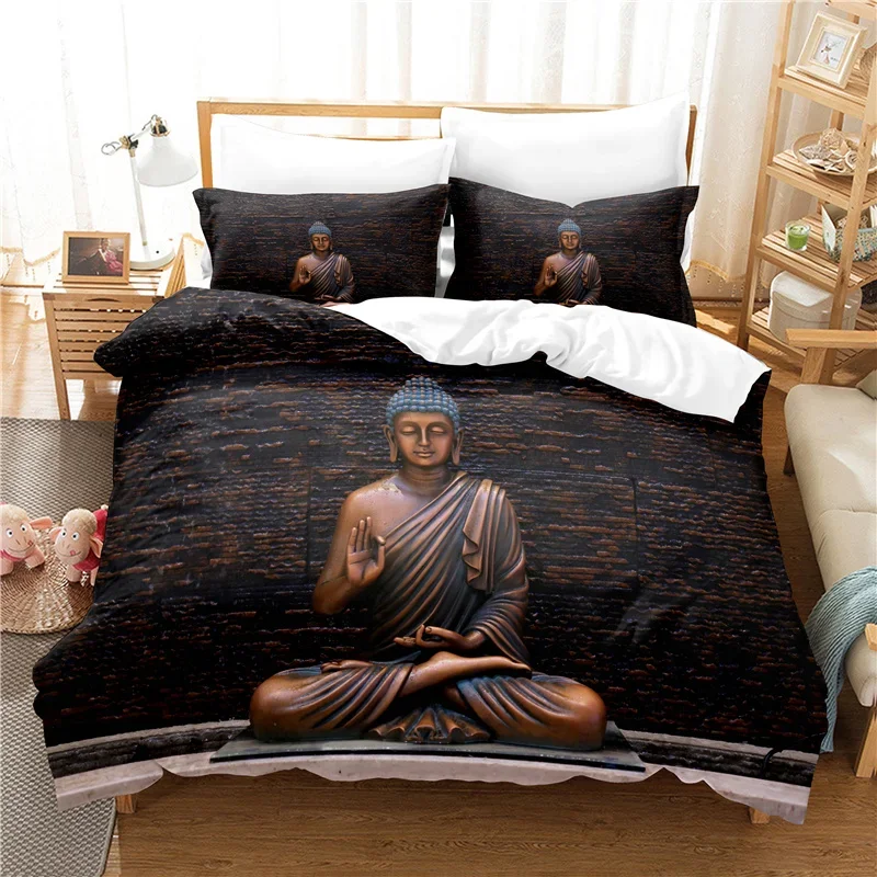 Buddha Statue Duvet Cover Set 3D Digital Printing Gold Queen King Size Bedding Set For Kids Boys Girls Polyester Comforter Set