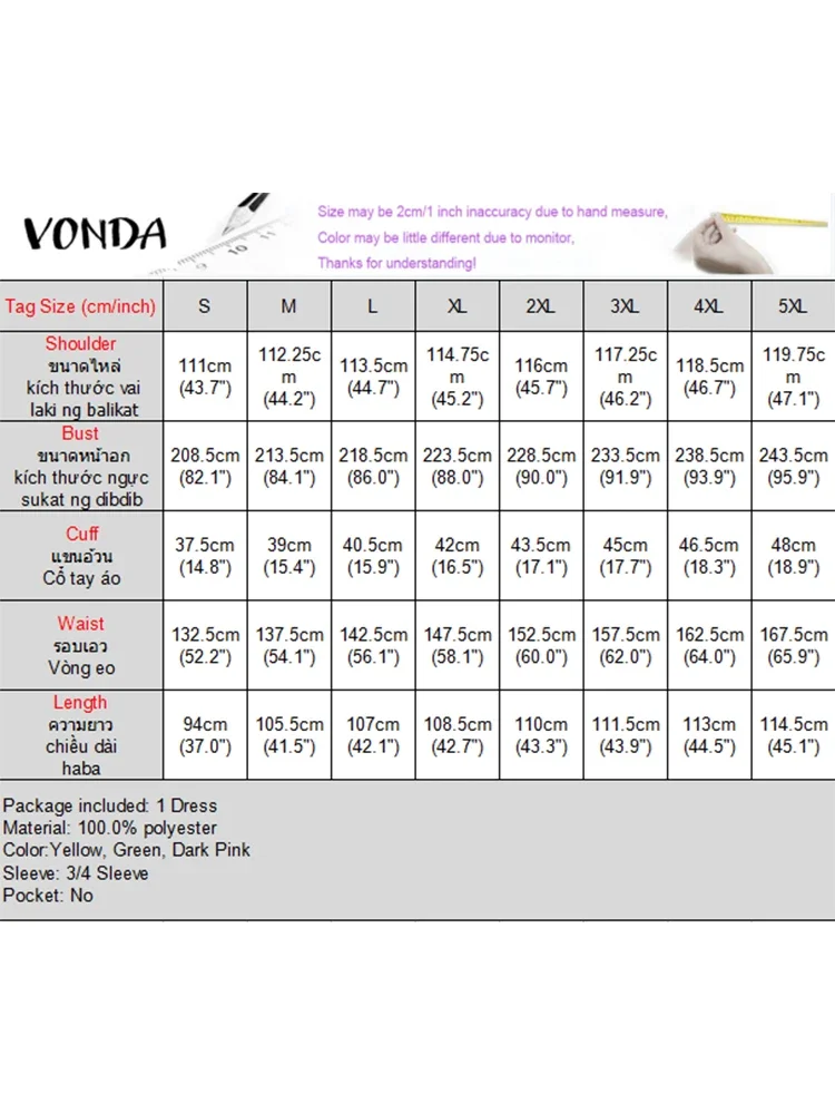 VONDA Plus Size Mini Dresses 5XL Women Bohemian Print 3/4 Sleeve V-Neck Casual Loose Party Vestidos Holiday Autumn Fashion Robe view 6