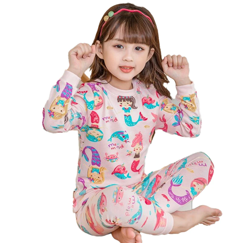 Kids Girls Cotton Pajamas Set Cartoon Mermaid Print Autumn Spring Thermal Underwear Toddler Long Sleeve Sleepwear Homewear 2PCS