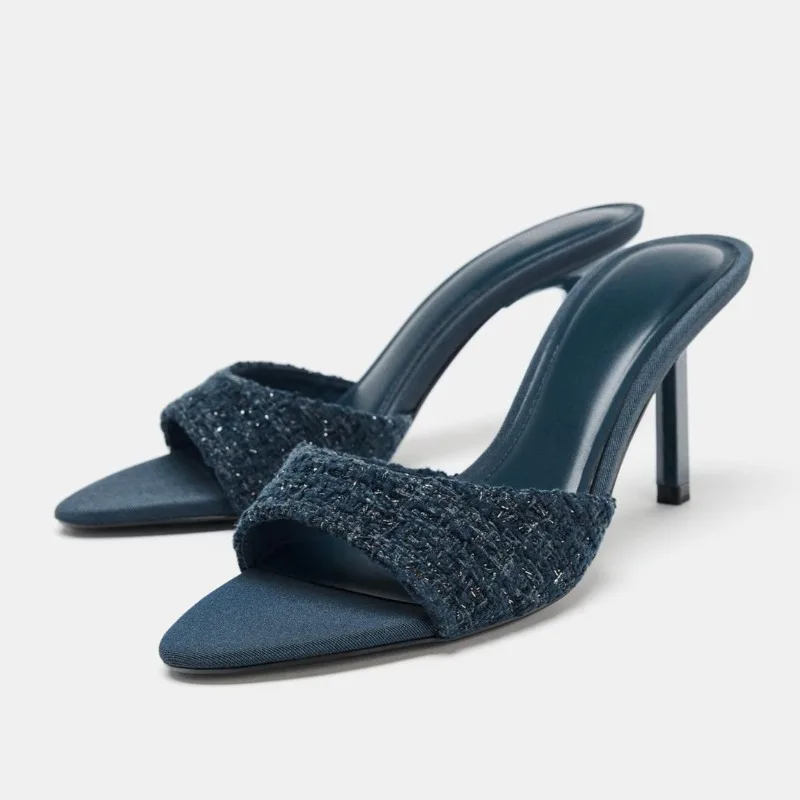 Diseñadores De lujo tacones altos para Mujer único puntiagudo azul sandalias deslizantes De algodón Sexy punta abierta vestido De noche Zapatos De Mujer