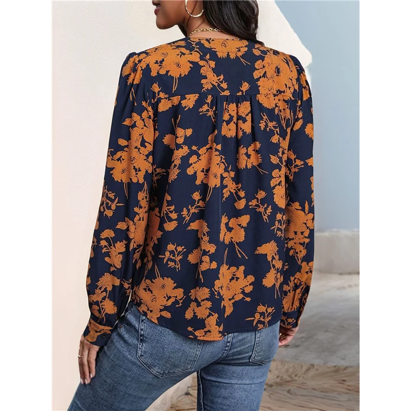 

ASDS-Women's Floral Print Long Sleeve V-Neck Shirts Loose Casual Workout Blouses