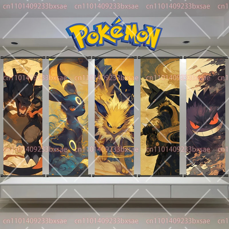 

Retro Anime Print Art White Canvas Pokémon Poster, Pikachu Eevee Charizard Darkrai Gengar Scroll Painting Home Living Room Decor