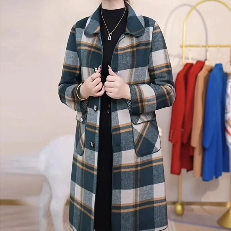 2023 New Autumn High-End Double-Sided Woolen Coat Women Casual Plaid Cashmere Jacket Middle Aged Mother  Long Wool Outwear 5XL