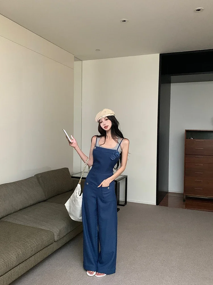 

Three dimensional flower suspender jumpsuit casual pants women's summer temperament with grid pattern niche jumpsuit