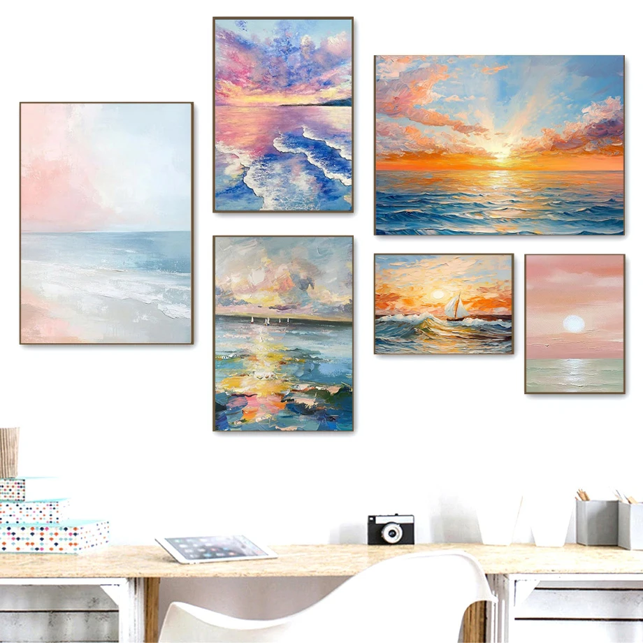 At Sea Sunrise Oil Painting Abstract Minimalist Orange Pink Ocean Landscape Wall Art Modern Trendy Living Room Room Home Decor