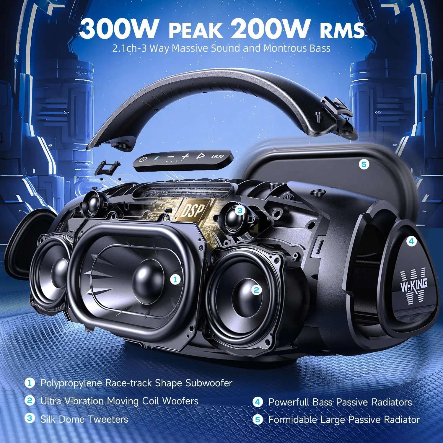 300W Peak 200W RMS Portable Bluetooth Speakers, Massive Bass Party Boombox IPX7 Waterproof Bluetooth Speaker Large