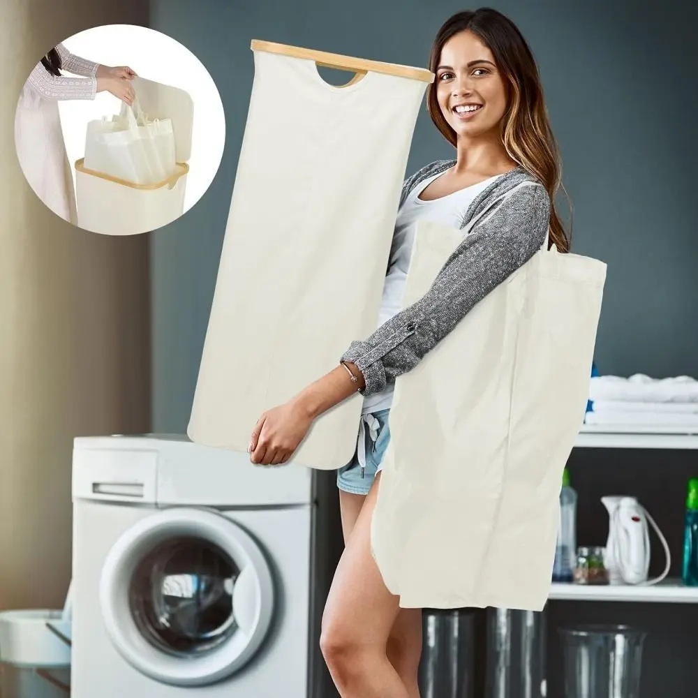 

Collapsible Slim Laundry Hamper with Lid Bamboo Handles Removable Inner Bag Dirty Clothes Basket Freestanding Lightweight