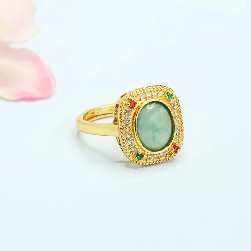 

TIMESWIND Exquisite Natural A-type Jade Light Blue Oval Square Full Zircon Alloy Women Open Ring with Certificate