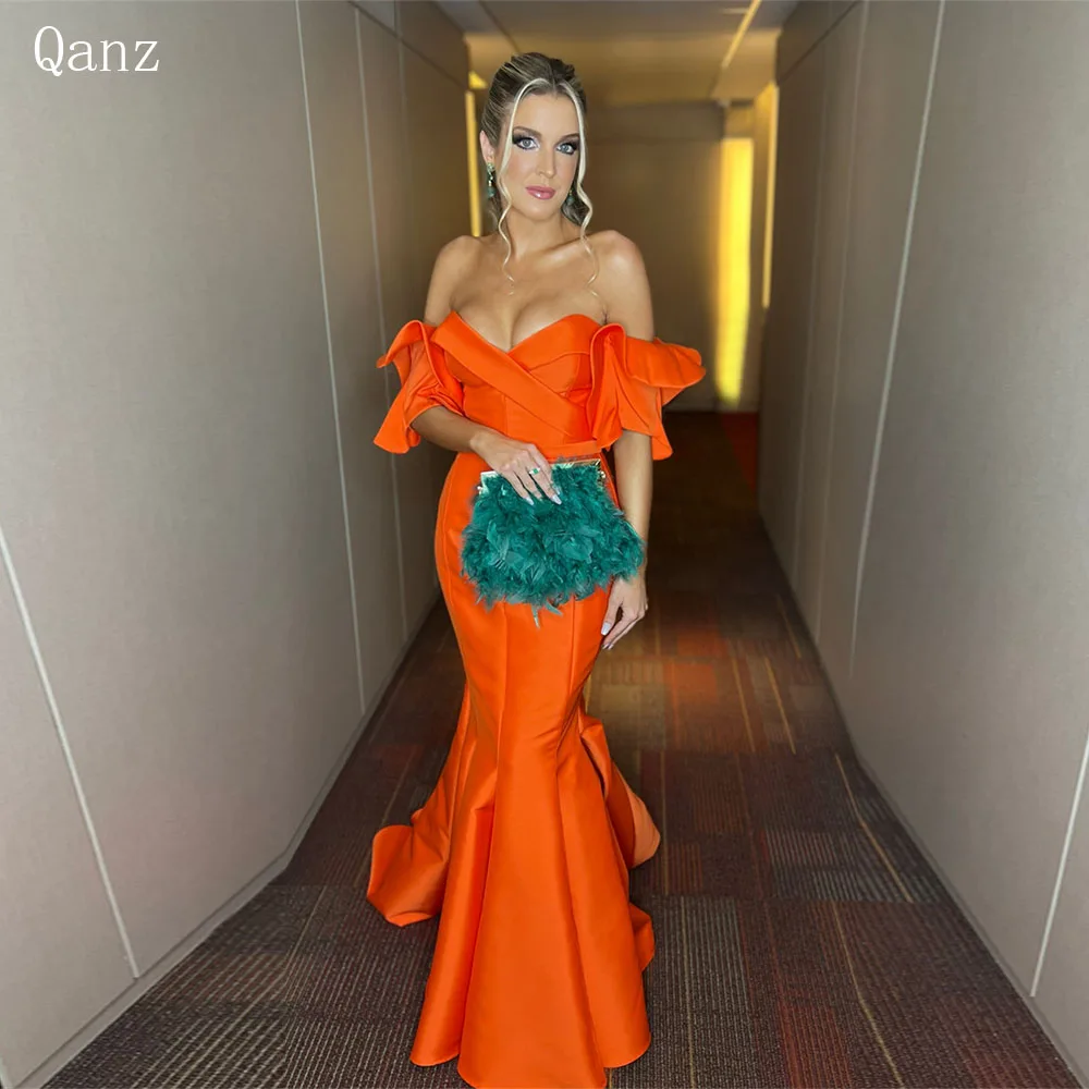 

Qanz Orange Sexy Prom Dresses Mermaid Satin Robes De Soirée Off The Shoulder Backless Luxury Dresses Evening Customized