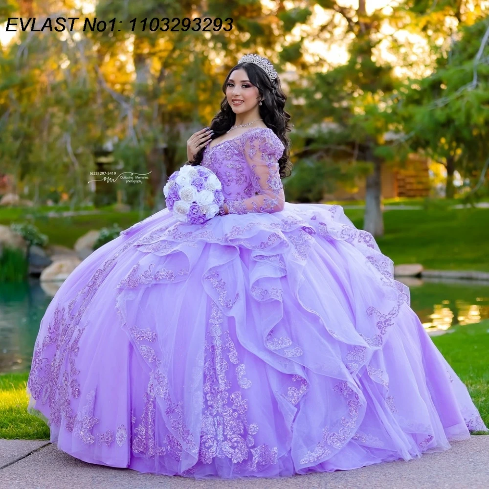 

EVLAST Customized Princess Lilac Quinceanera Dress Ball Gown Lace Applique Beading Tiered Sweet 16 Vestidos De 15 Anos E1QN591