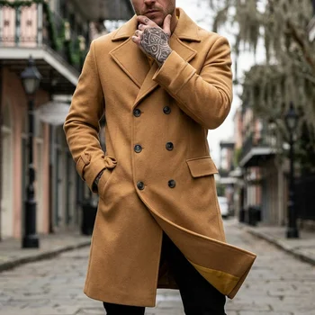 Men's Solid-Color Double-Breasted Long Trench Coat 4 New Men's Solid Color Trench Coat Double Breasted Long Coat Street Wear Knee Trench Coat Business Casual Men's Officewear Jacket 4