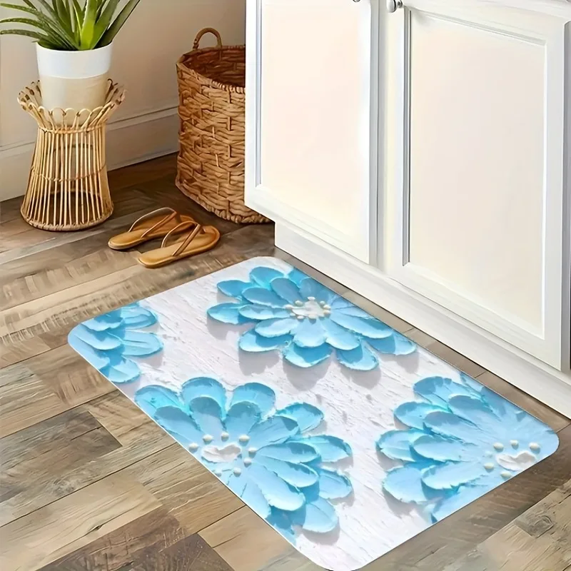 

1PC Blue floral Pattern Kitchen Rug Non-Slip Door Mat Pop design Bathroom Rug Bath Mat Carpet for Home Sink Laundry Decor