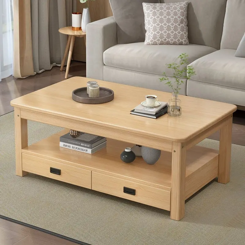 Solid wood coffee table with drawers Chinese living room tea table new household simple small apartment square double layer