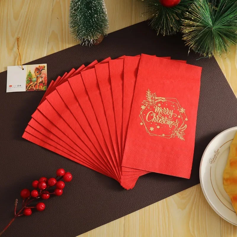 20pcs 33 * 40cm 2Layer Gold Stamping Merry Christmas Long Napkins Christmas Party Red Paper Meal Mat DIY Decoupage Paper