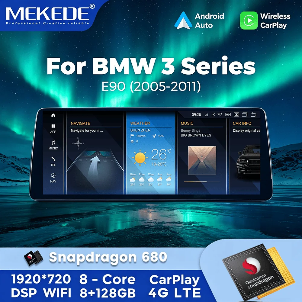 Autoradio stéréo MEKEDE pour BMW Série 3 E90 E91 E92 E93 2005-2012 CCC CIC HD 1920*720 Écran QLED Carplay Android Auto Unité centrale Android Double BT 4G LTE Prise en charge AHD1080P Caméra 360 Qualcomm Snapdragon 668/680 6G+64G/8G+128G
