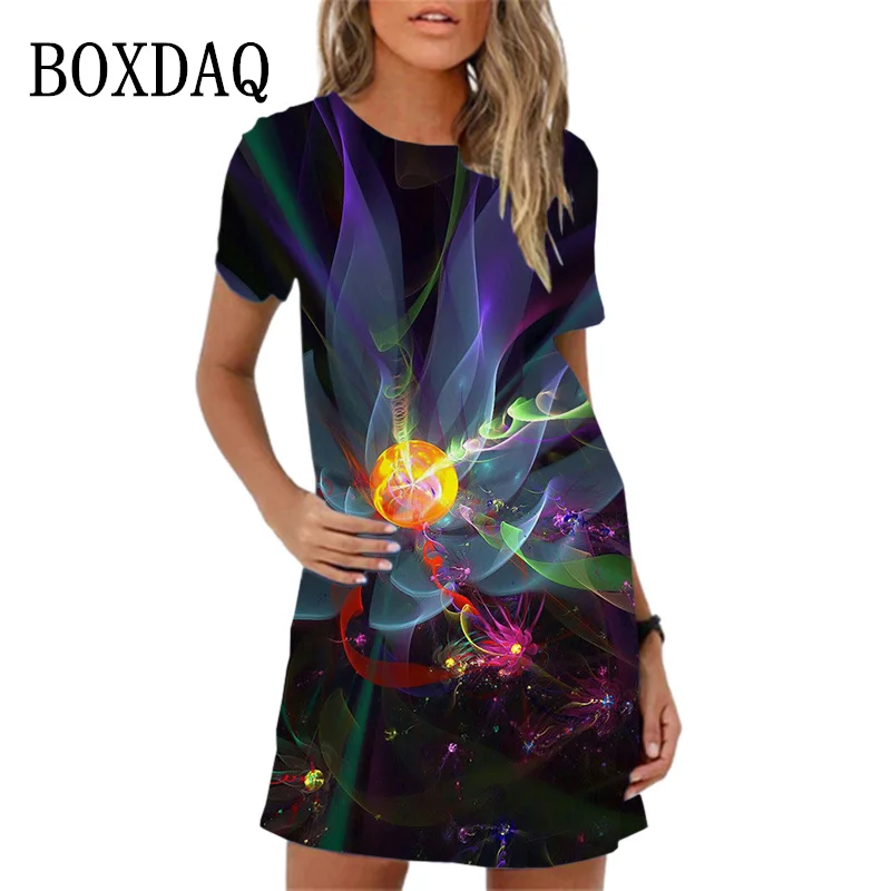 Fashion 3D Print Women Dress Landscape Pattern Casual A -line Dress Summer Sundress 2024 New Short Sleeve O-Neck Ladies Dresses