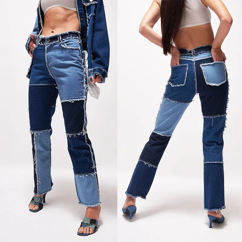 

Women Jeans Straight Pants High Waist Stretch Patchwork Washed Vintage Distressed Female Autumn Denims Trousers Streetwear