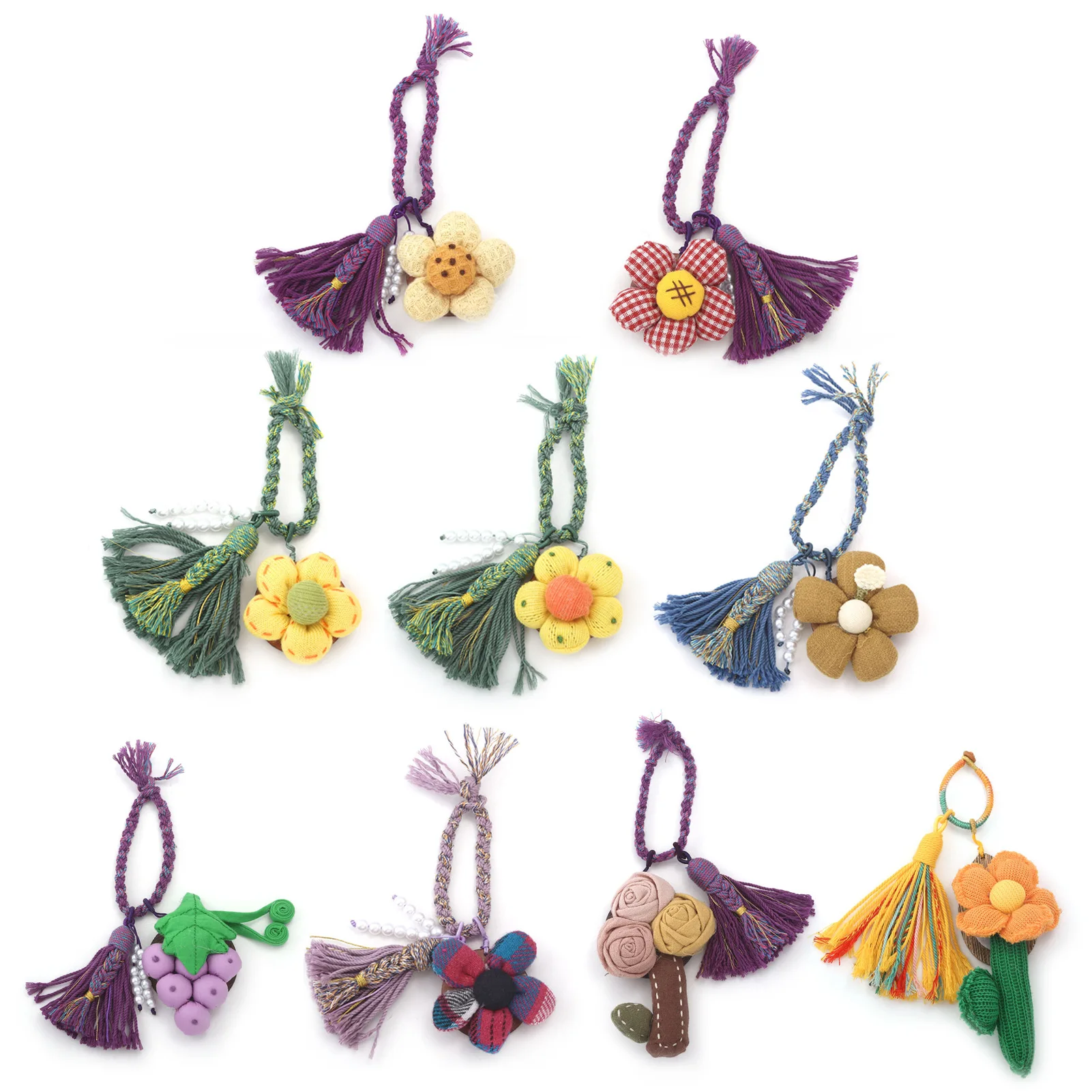 3D Plush Cotton Fabric Flower Keychain Checkered Rose Grape Sunflower Tassel Pendant for Bag & Key Decoration