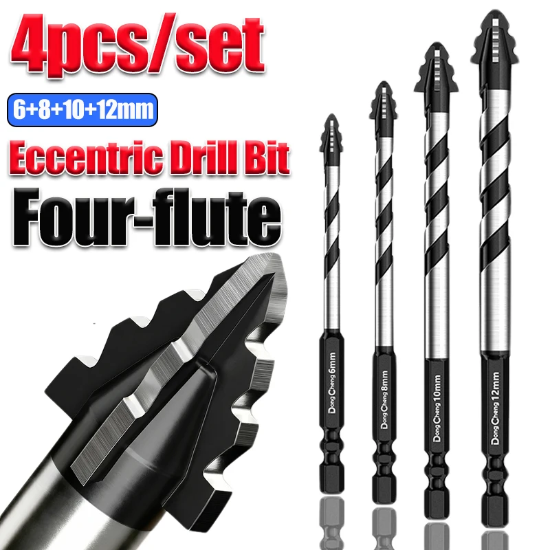 4pcs Eccentric Drill Bit Tungsten Carbide Sharp Tooth Cross Tip Masonry Drill Bit 1/4 Hex Shank Dry Drilling 4 Flute 6 8 10 12mm