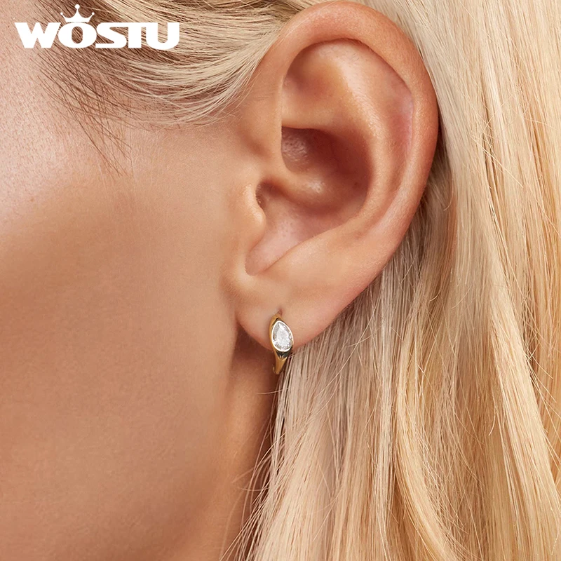 WOSTU Plata de Ley 925 auténtica pendientes de aro triangulares citrino 18K oro cristal lágrima aros para las orejas joyería geométrica Simple regalo