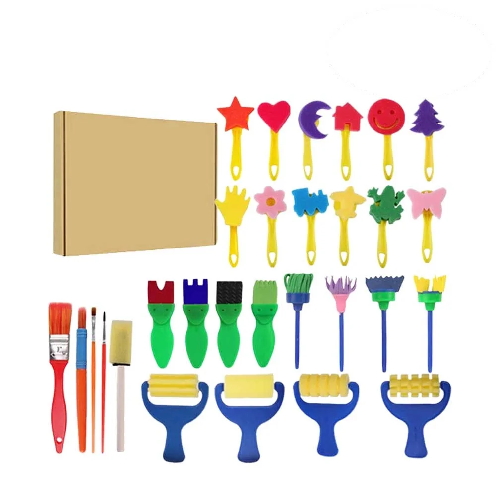 

29pcs Painting Stamp Set Diy Art Tools For Kids With Handle Sponge Eva Brushes Portable Creative Drawing Kit Party Holiday