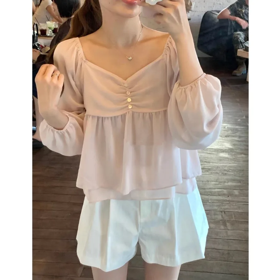 

Sweet Princess Style Long Sleeve Double Layered Chiffon Heart Collar Shirt Spring 2026 Gentle Soft Pink Feminine Casual Wear