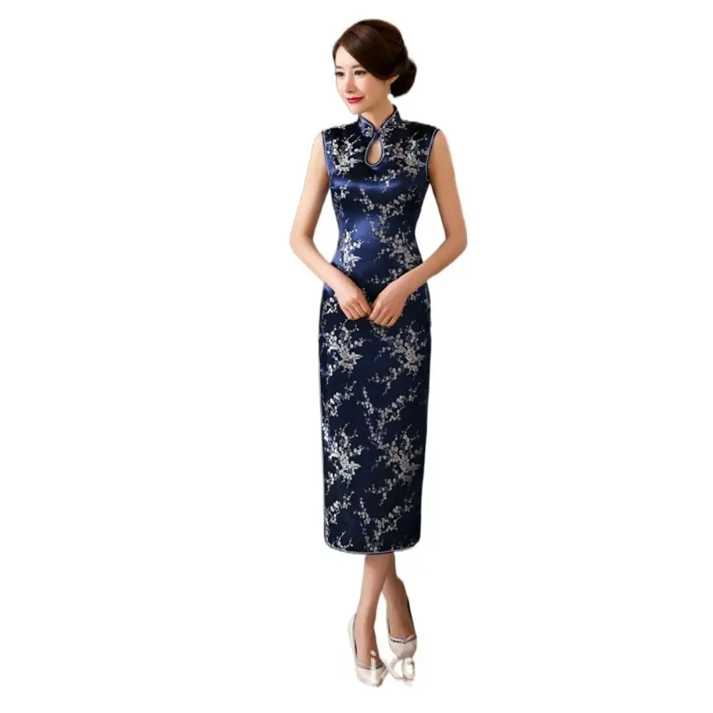 

Traditional Floral Print Cheongsam Dresses Chinese Style Mandarin Collar Bodycon Dresses Vintage Maxi Chinese Qipao Club