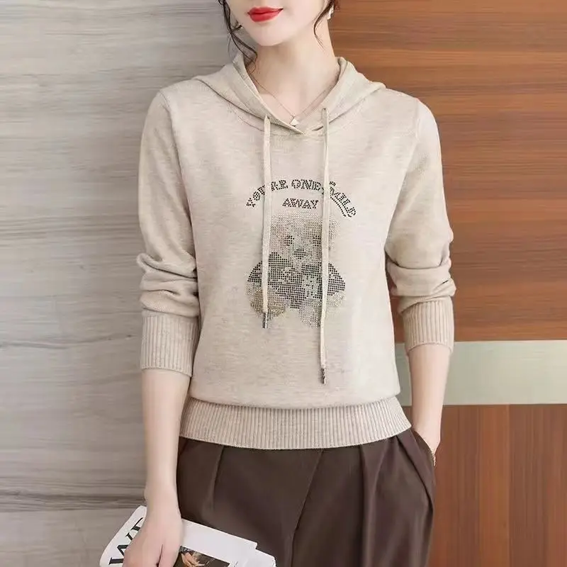 Korean Spring Autumn Women's 2024 New Splicing Hooked Drawstring Printed Fashion Loose Minimalist Casual Long Sleeve Knitted Top