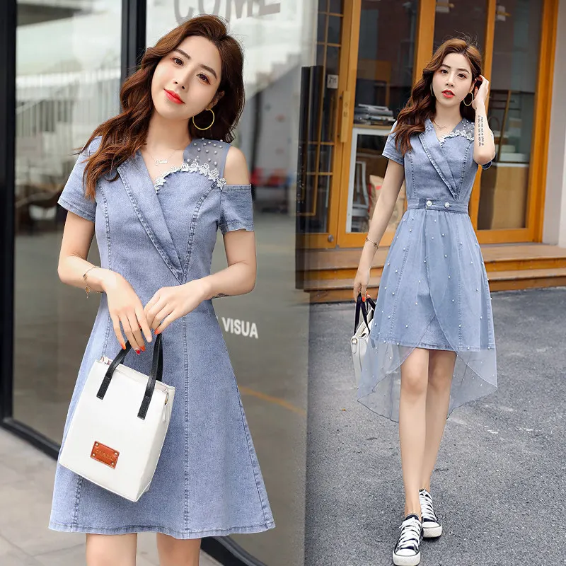 

Женский летний джинсовый комплект: платье с коротким рукавом, бисерной сетчатой аппликацией, модный двухкомпонентный комплект с асимметричной юбкой, трендовый